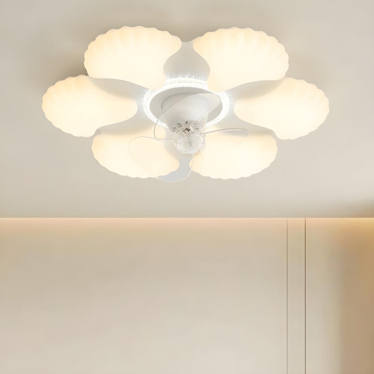 Elegant White Flower Flush LED Ceiling Fan with Light