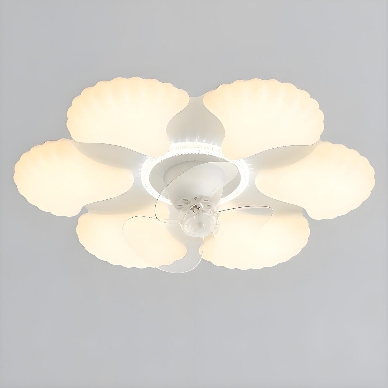 Elegant White Flower Flush LED Ceiling Fan with Light