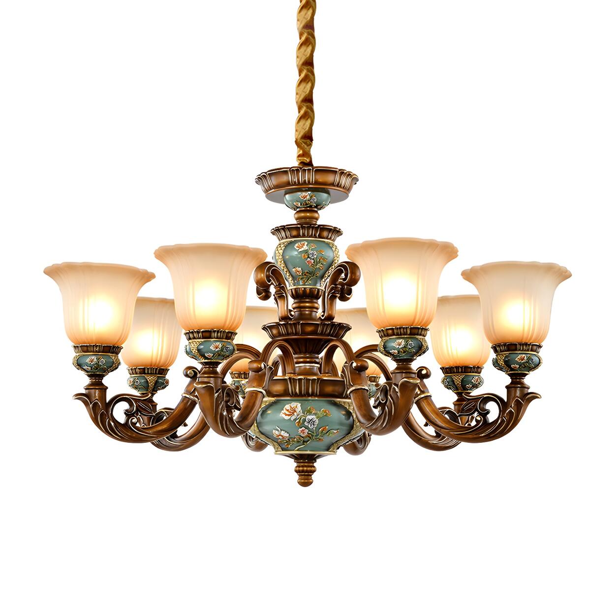 Vintage Brass Floral Glass Ceramic Chandelier