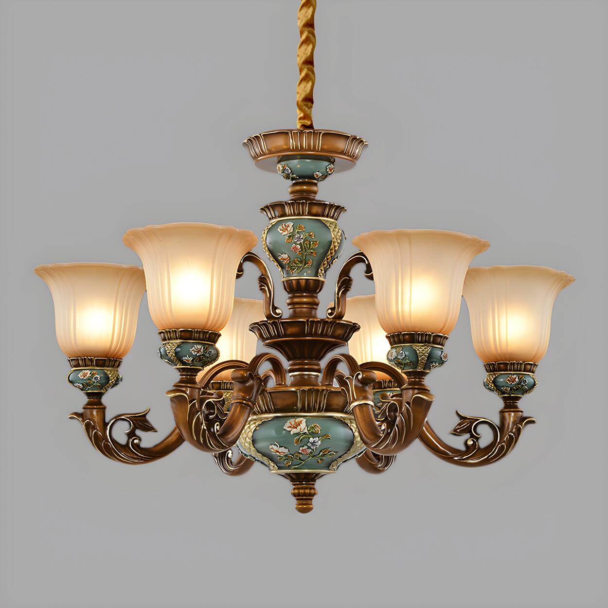 Vintage Brass Floral Glass Ceramic Chandelier