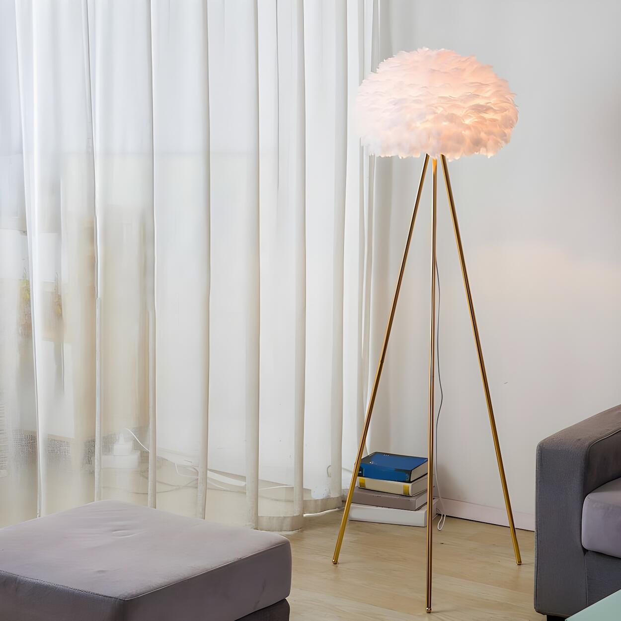 Fluffy Feather Shade Modern Tripod Metal Floor Lamp