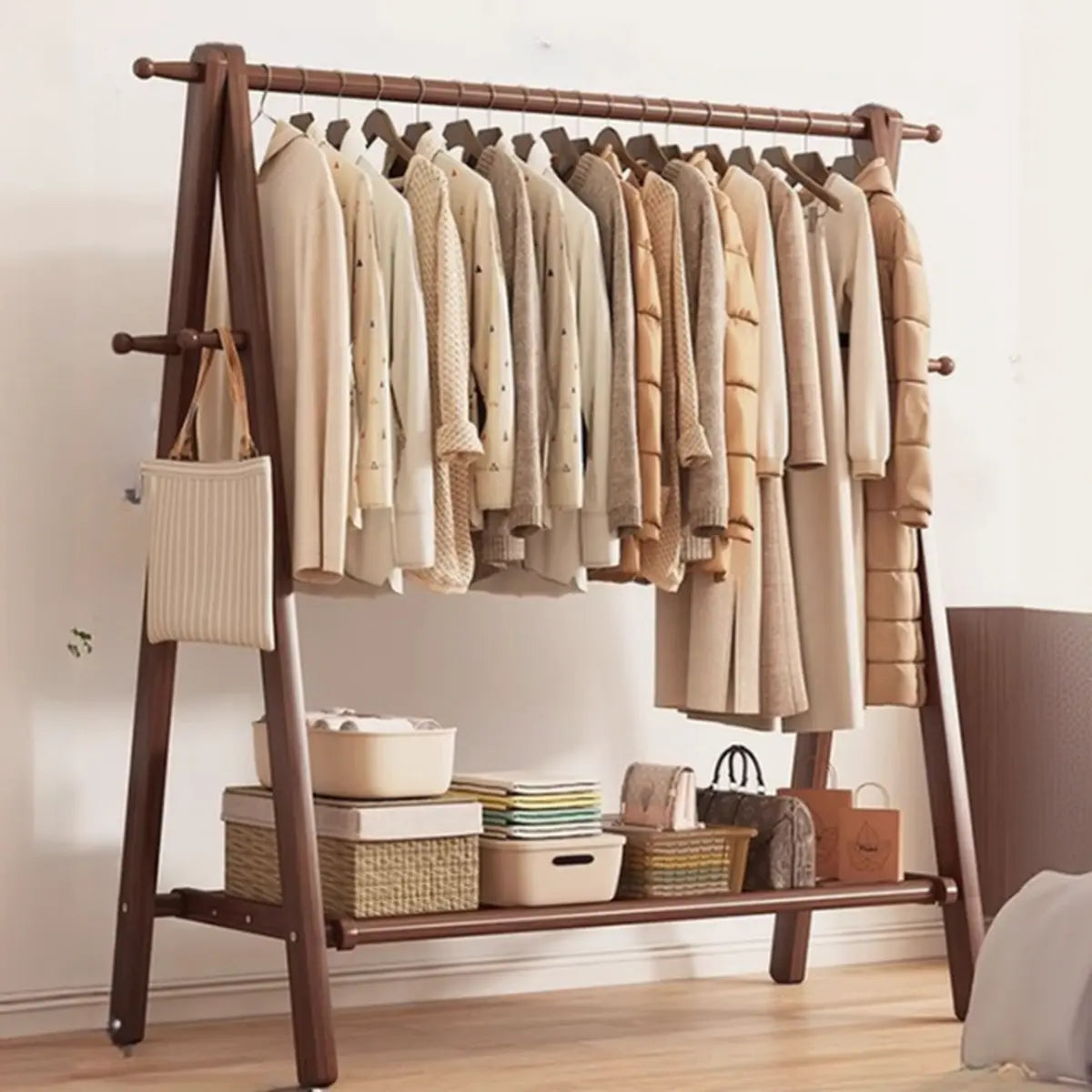 Foldable Beech Wood Nut-Brown Shelves Hooks Coat Rack