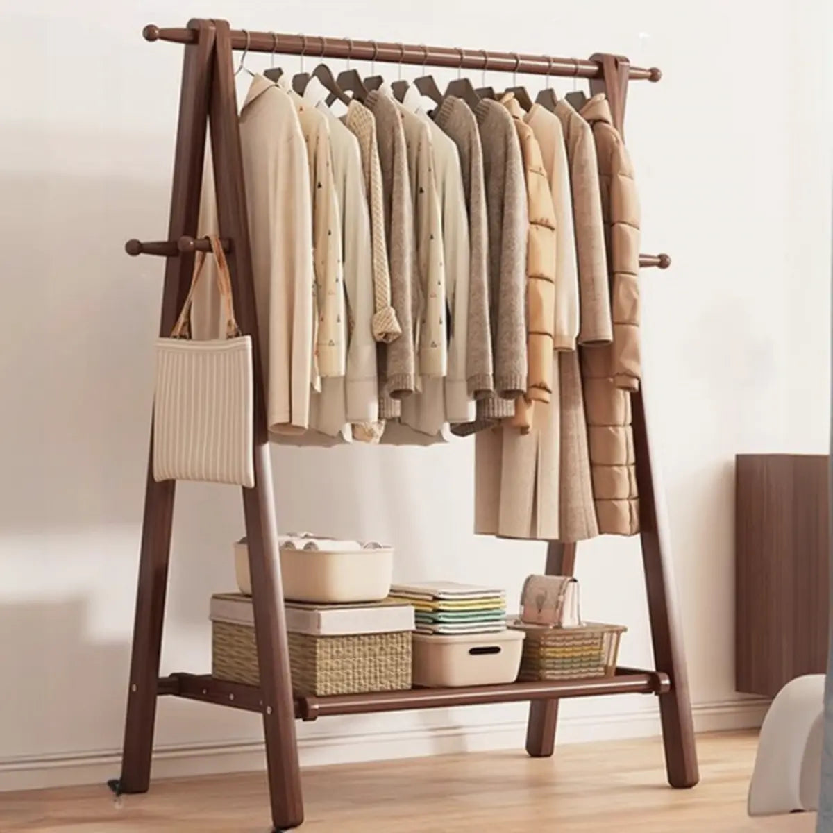 Foldable Beech Wood Nut-Brown Shelves Hooks Coat Rack