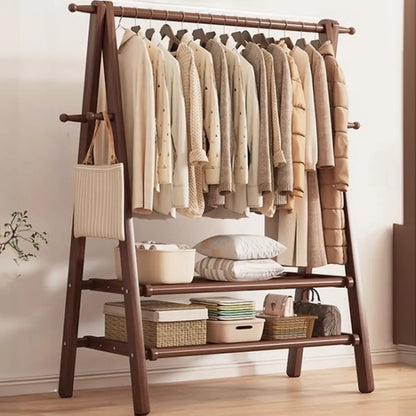 Foldable Beech Wood Nut-Brown Shelves Hooks Coat Rack