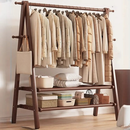 Foldable Beech Wood Nut-Brown Shelves Hooks Coat Rack