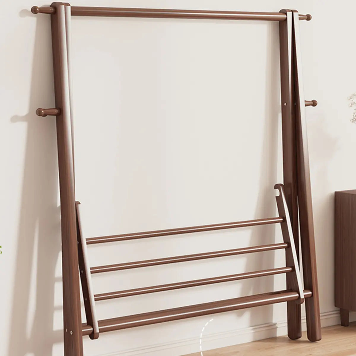 Foldable Beech Wood Nut-Brown Shelves Hooks Coat Rack