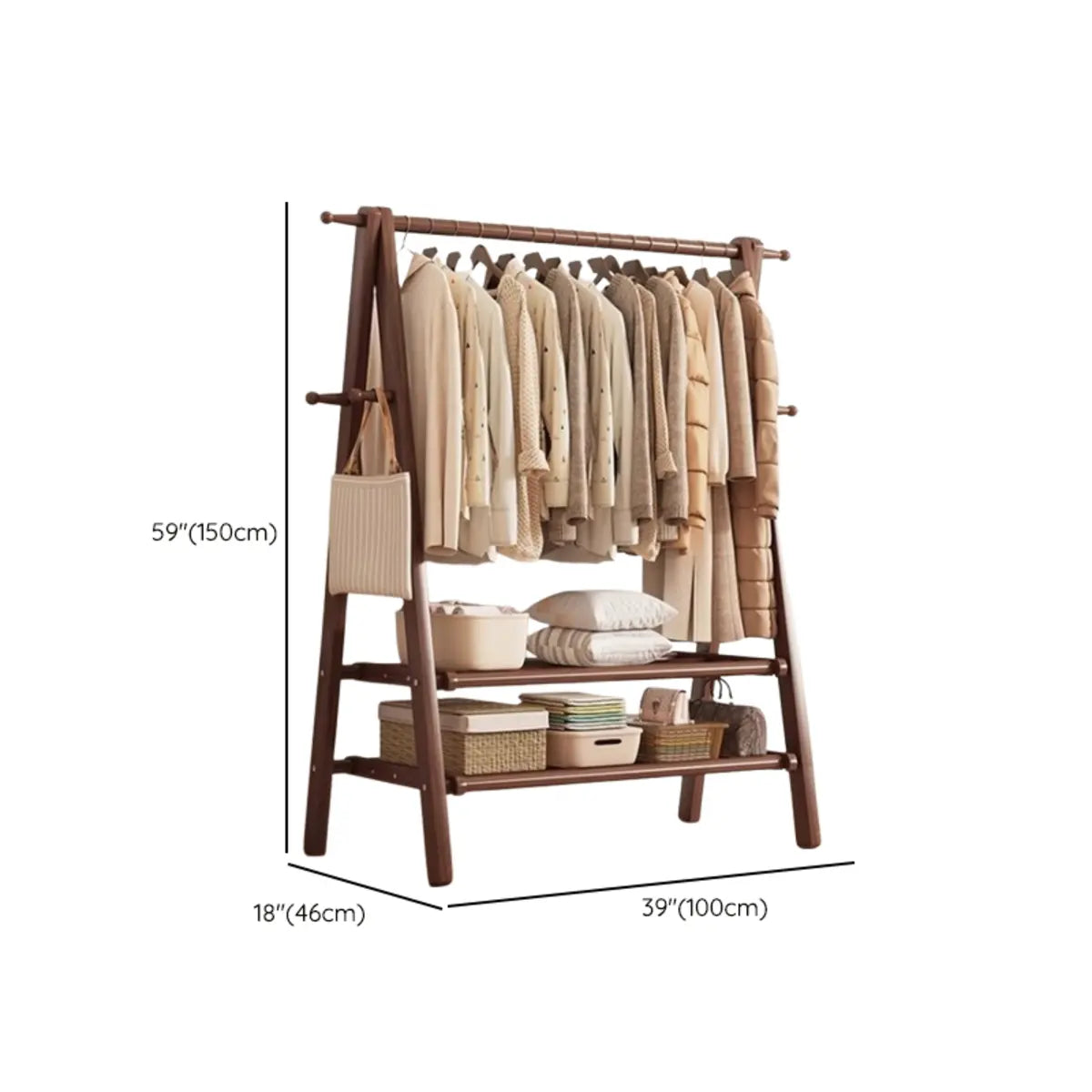 Foldable Beech Wood Nut-Brown Shelves Hooks Coat Rack