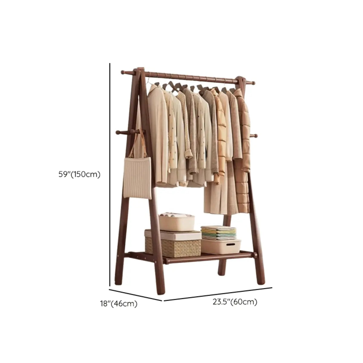 Foldable Beech Wood Nut-Brown Shelves Hooks Coat Rack