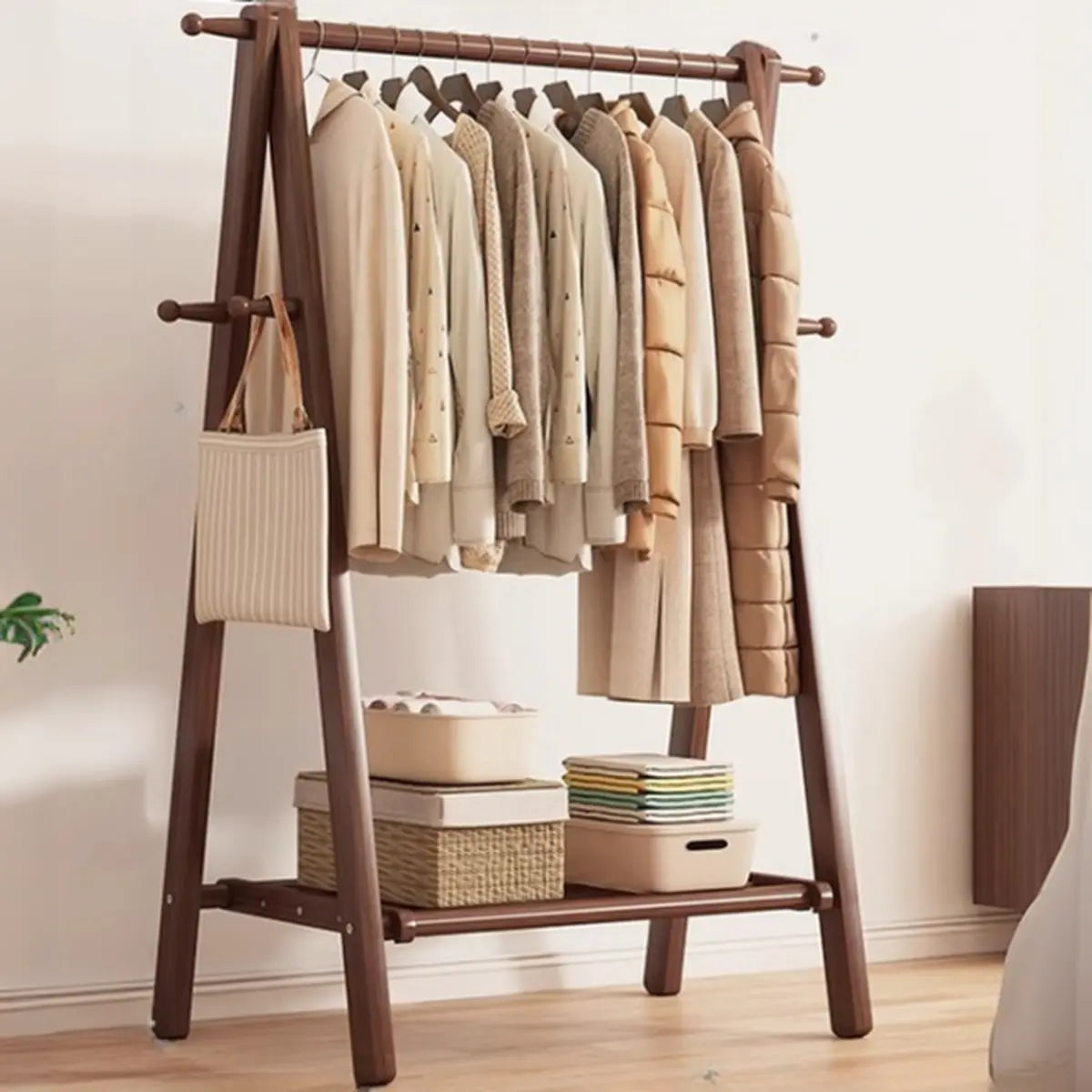 Foldable Beech Wood Nut-Brown Shelves Hooks Coat Rack