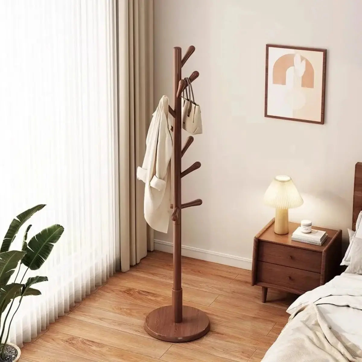 Freestanding Bedroom Walnut Wood Hooks Narrow Coat Rack