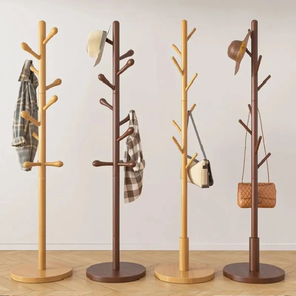 Freestanding Bedroom Walnut Wood Hooks Narrow Coat Rack