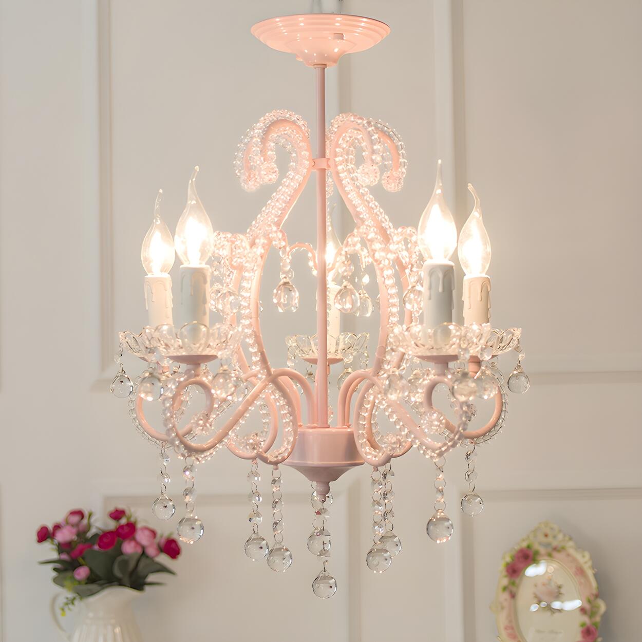 Girly Pink Crystal Nordic Clear Crystal Candle Chandelier