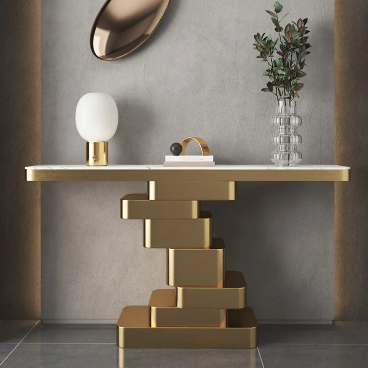 Glam Abstract Gold Metal Console Table with Stone Top