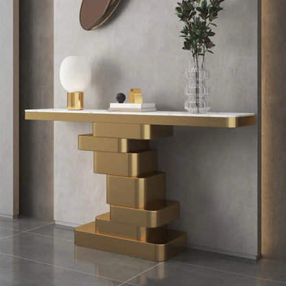 Glam Abstract Gold Metal Console Table with Stone Top