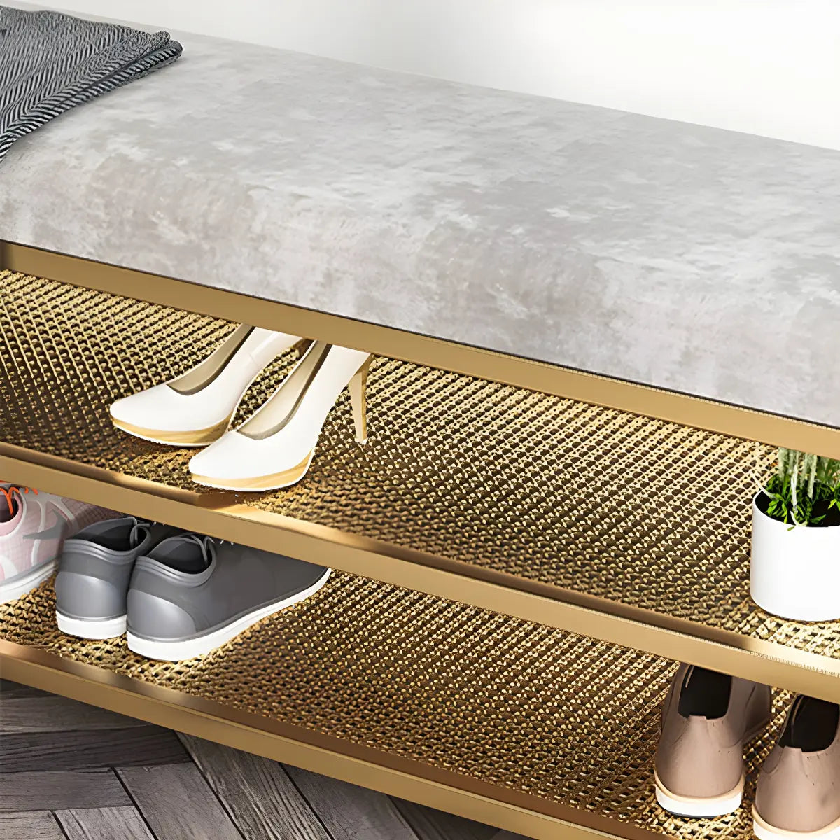 Glam Grey Velvet Metal Legs Shoe Storage Entryway Bench