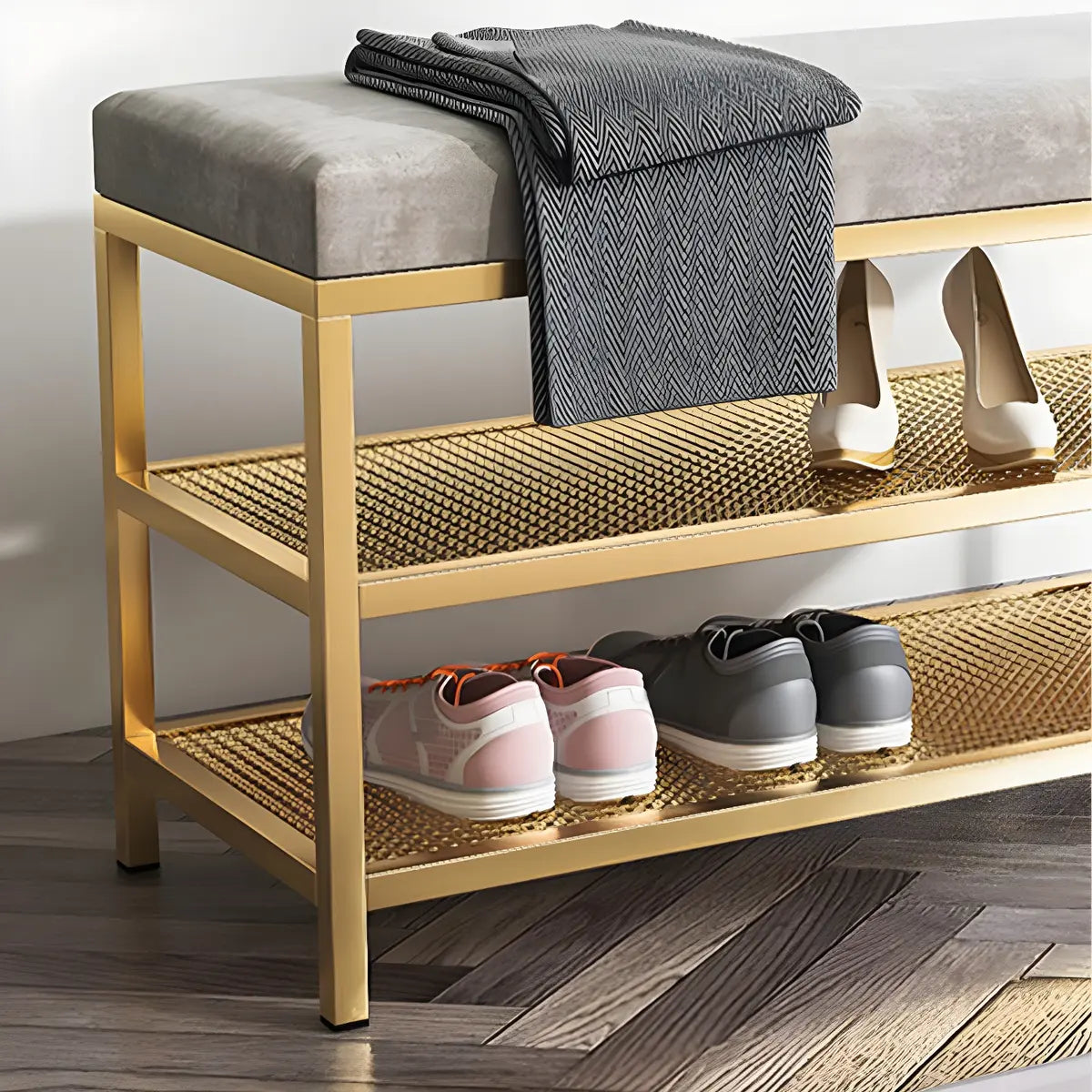 Glam Grey Velvet Metal Legs Shoe Storage Entryway Bench