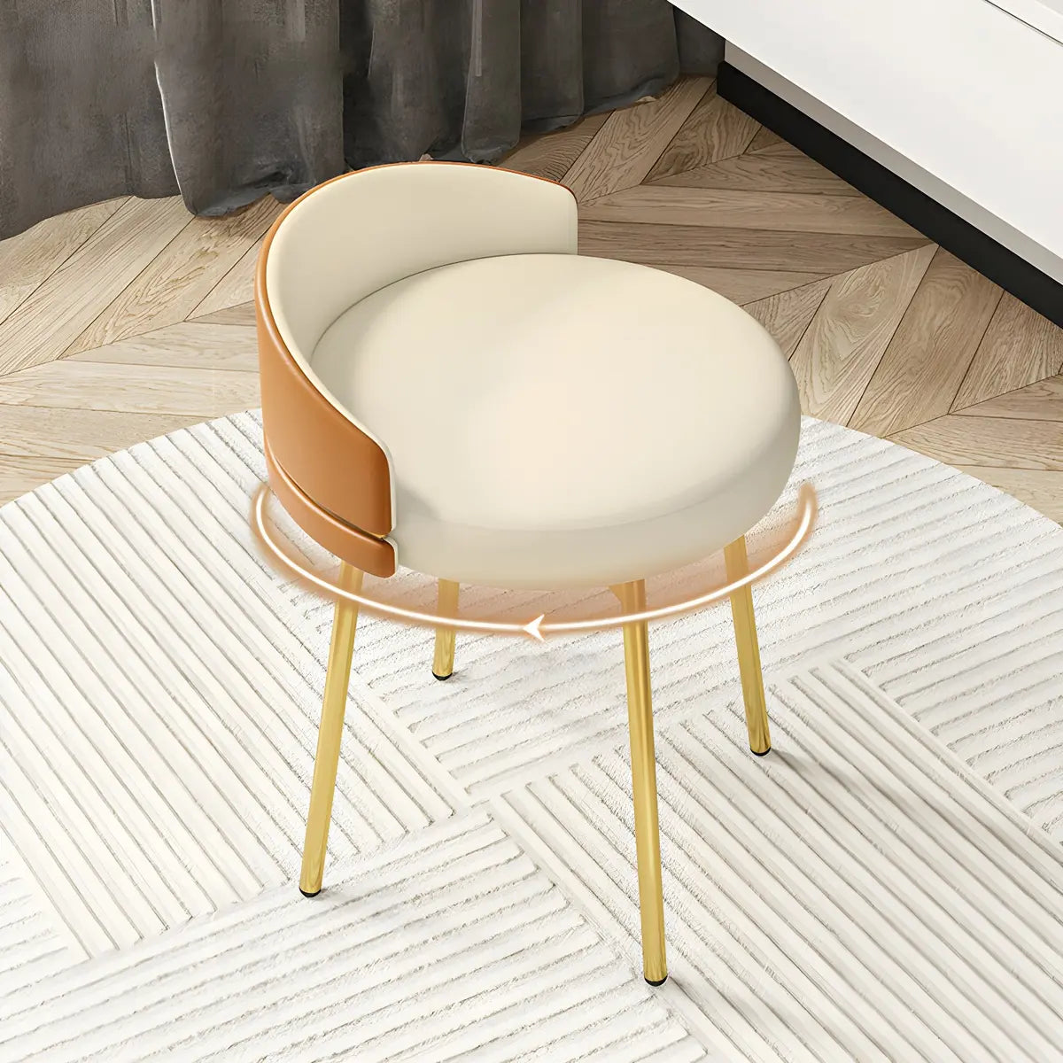 Gray Round Leather Upholstered Vanity Stool with Backrest