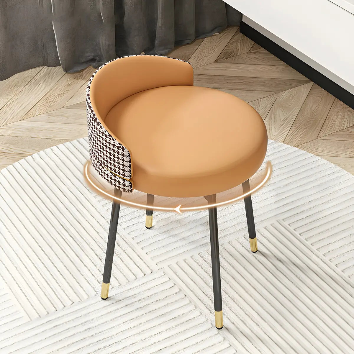 Gray Round Leather Upholstered Vanity Stool with Backrest