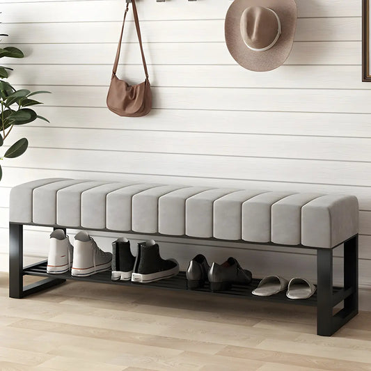 Gray Short Cushioned Entryway Bench with Shoe Storage