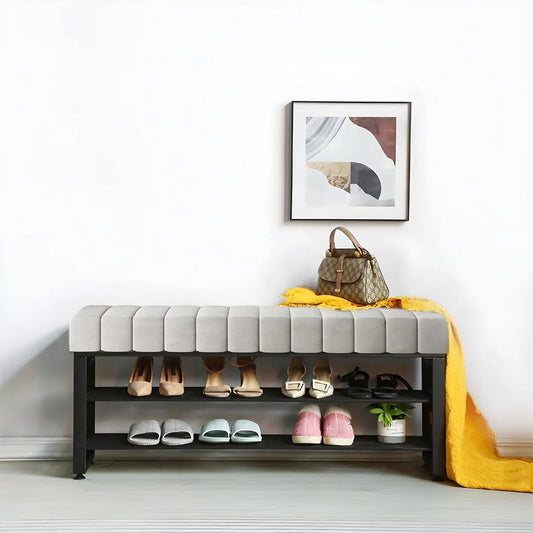 Grey Upholstered Entryway Bench with Shoe Storage