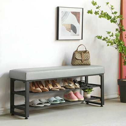 Grey Upholstered Entryway Bench with Shoe Storage