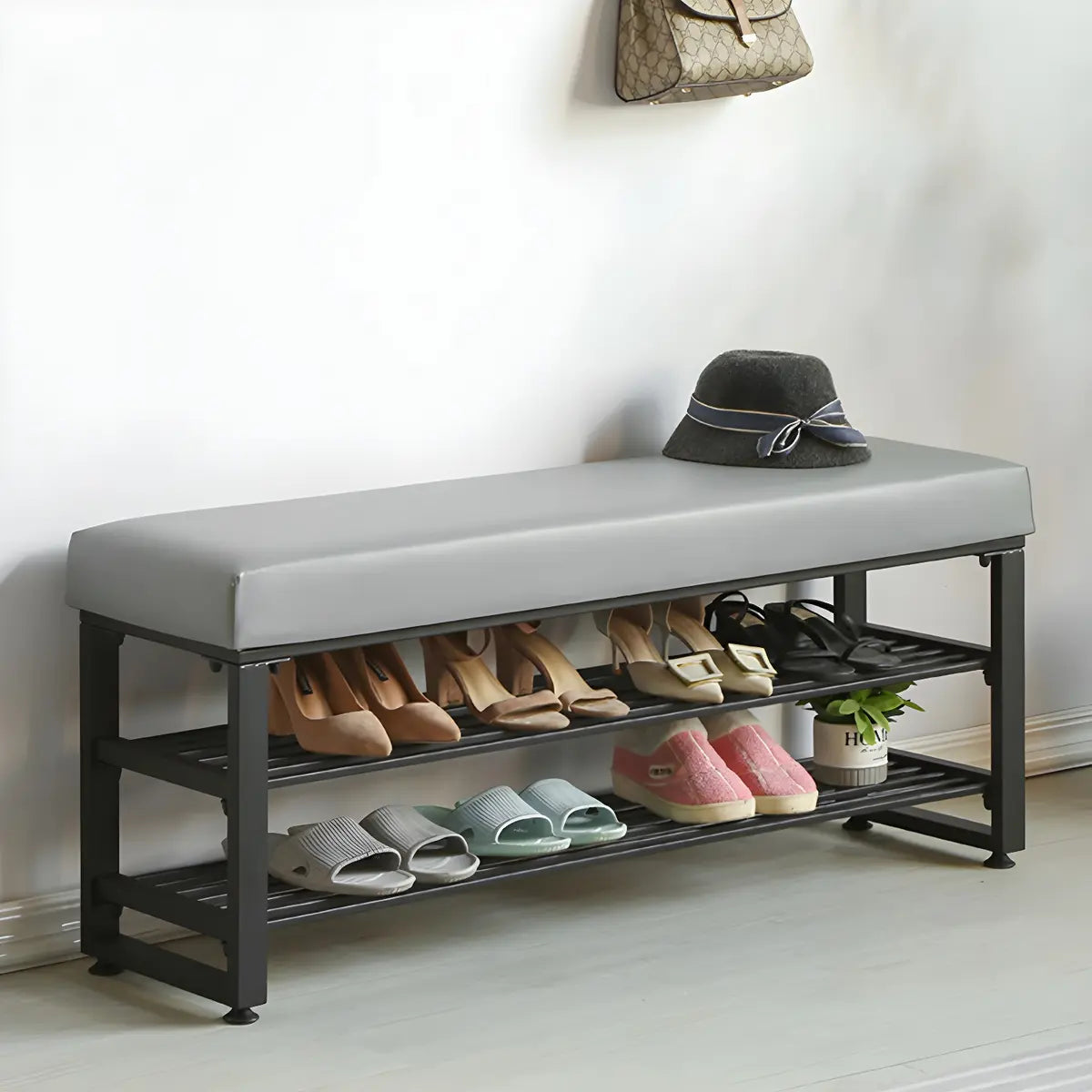 Grey Upholstered Entryway Bench with Shoe Storage