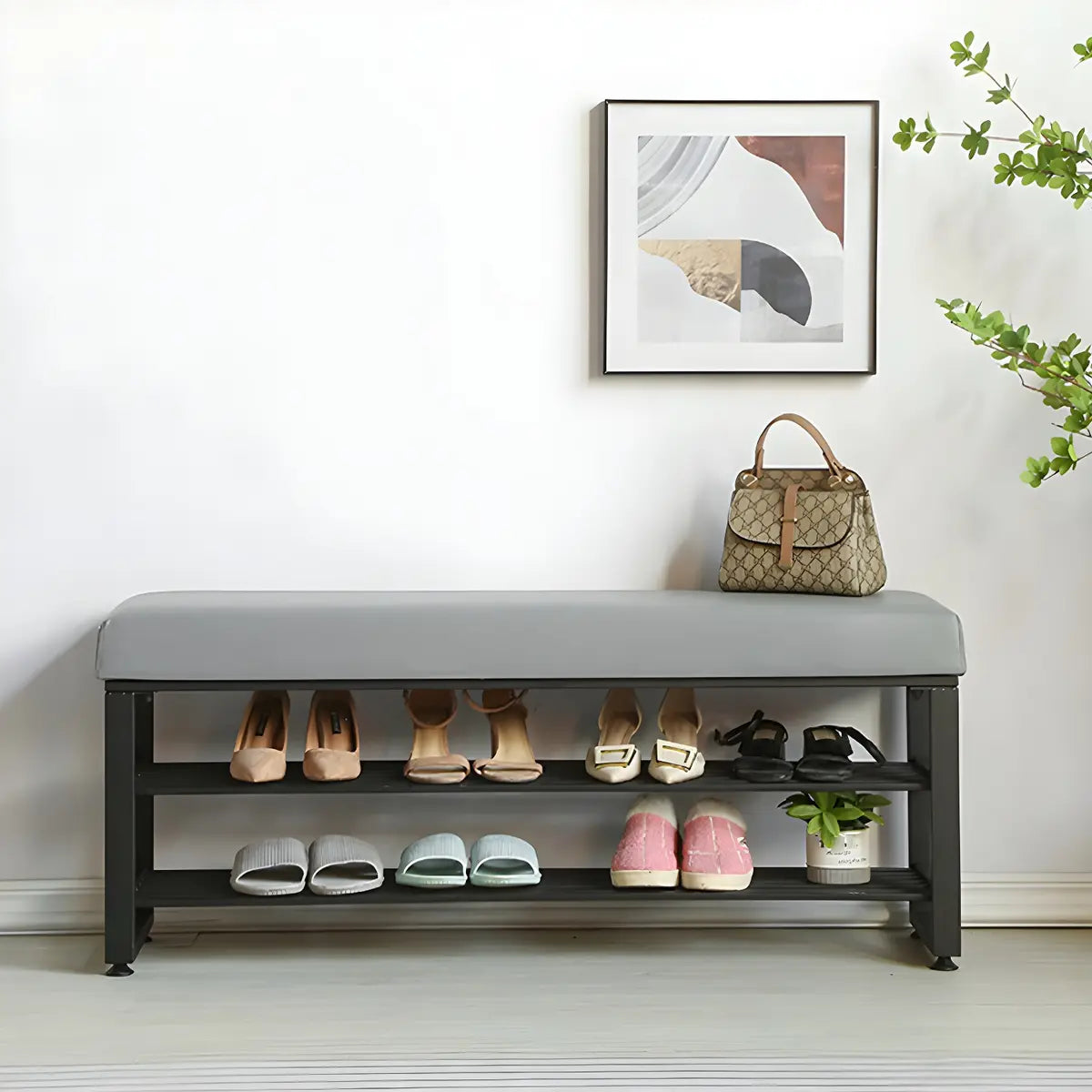 Grey Upholstered Entryway Bench with Shoe Storage