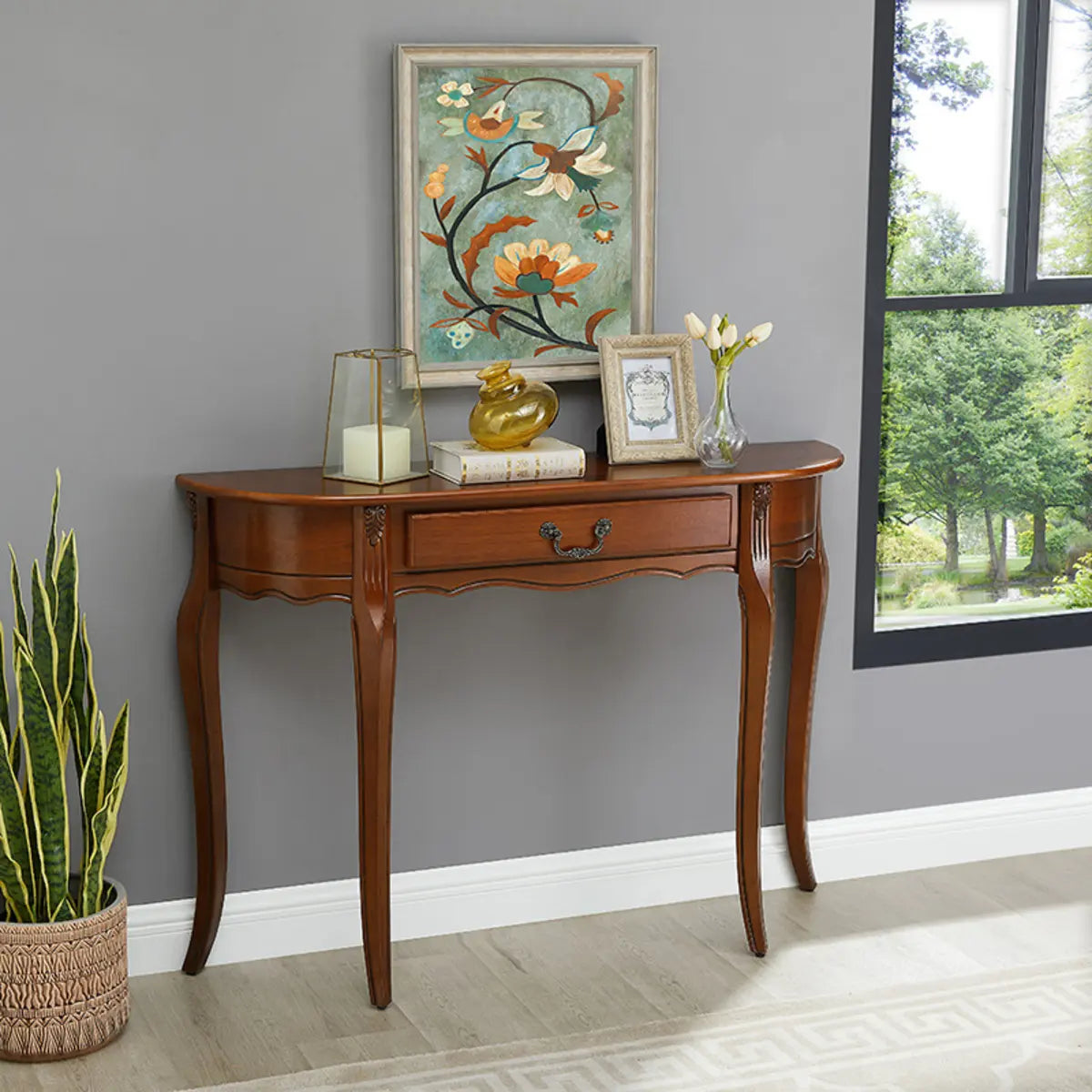 Half Moon Walnut Wooden Storage Console Table with Drawer