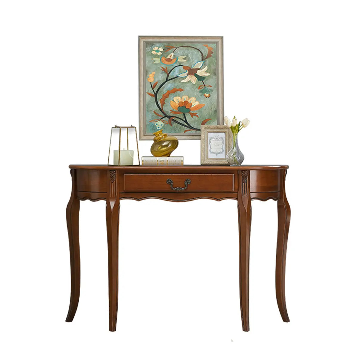 Half Moon Walnut Wooden Storage Console Table with Drawer