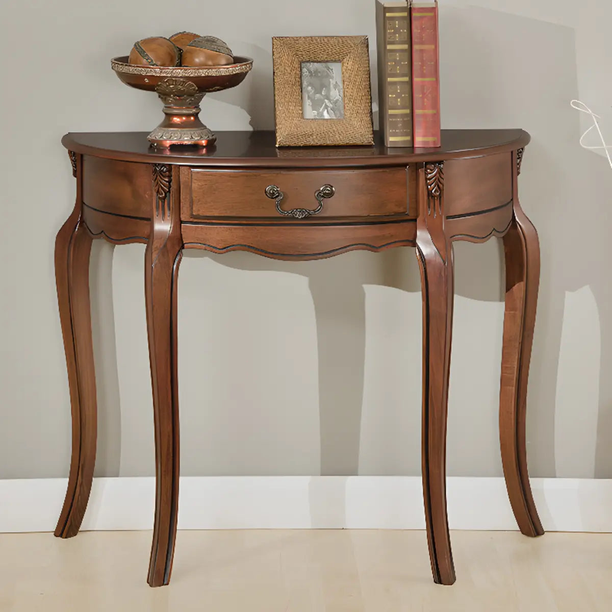 Half Moon Walnut Wooden Storage Console Table with Drawer