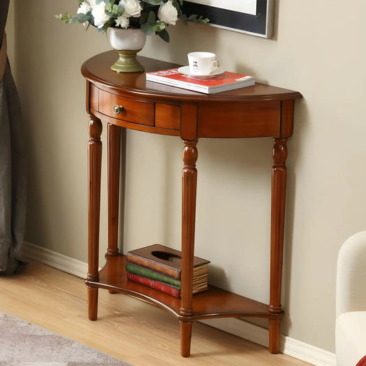 Half Moon Wood Cherry Console Entry Table with Drawers