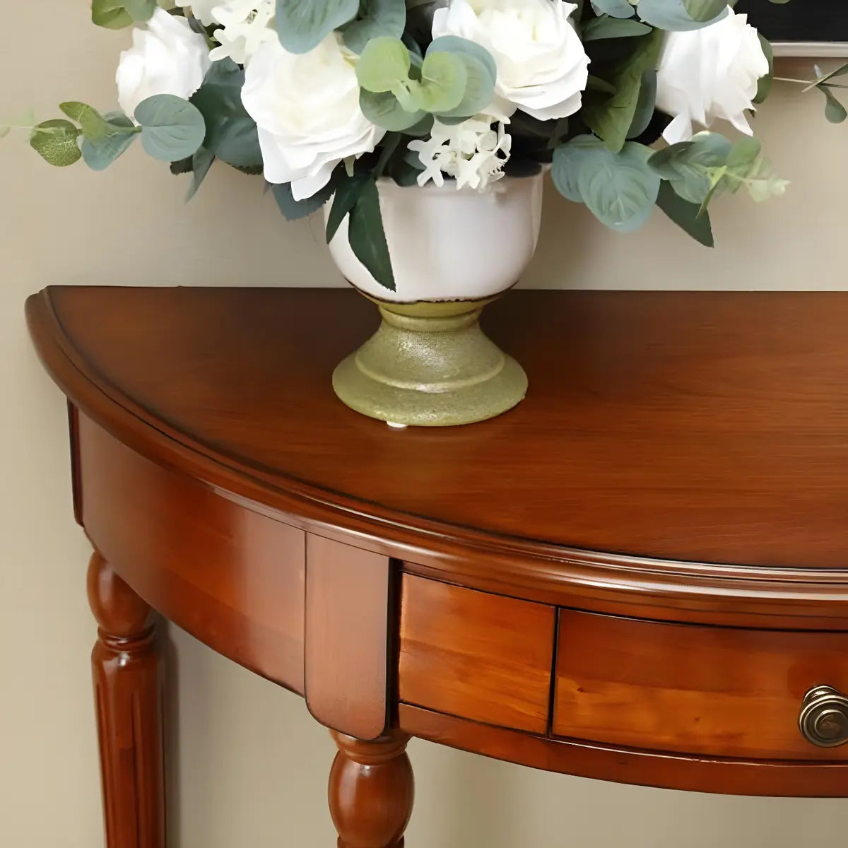 Half Moon Wood Cherry Console Entry Table with Drawers