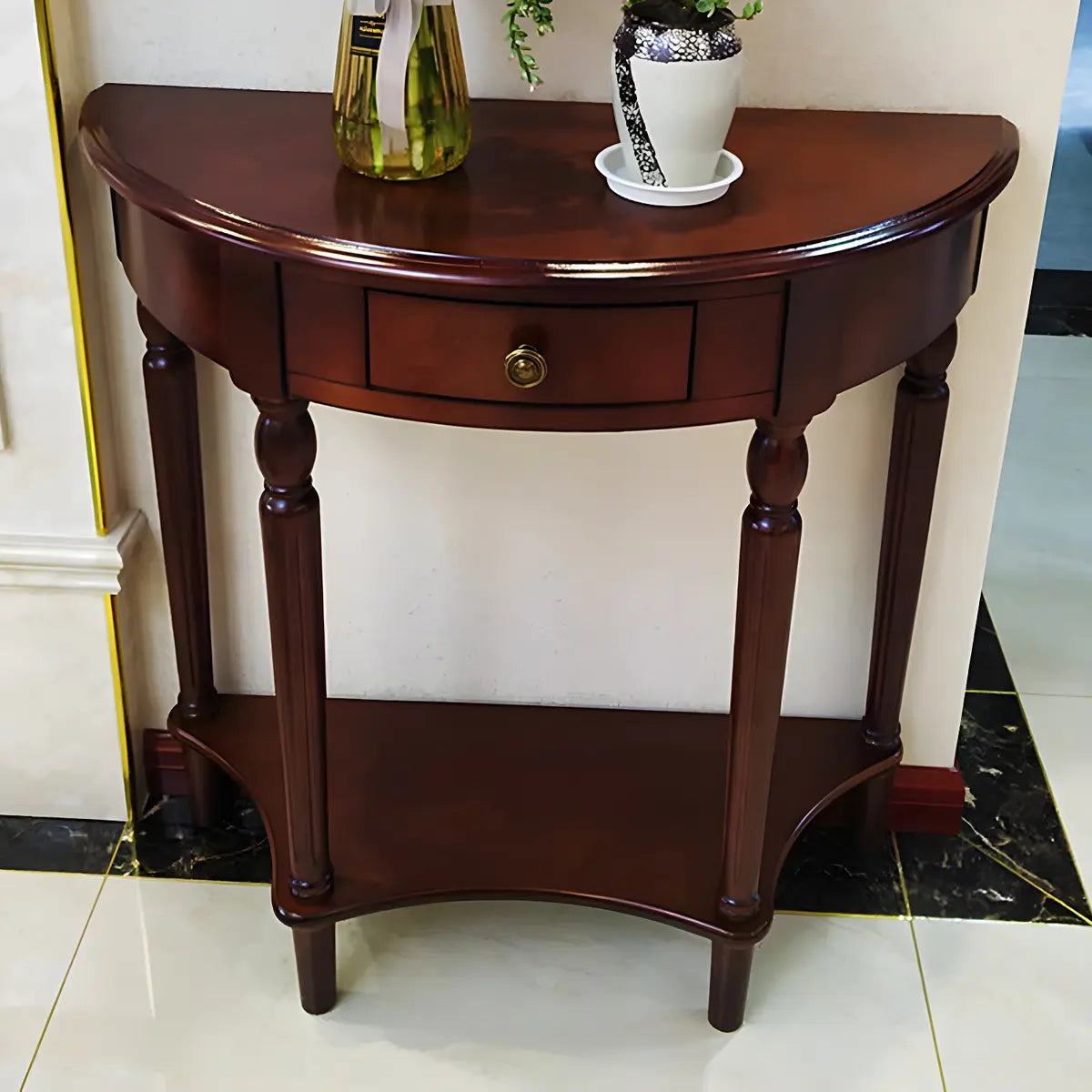 Half Moon Wood Cherry Console Entry Table with Drawers