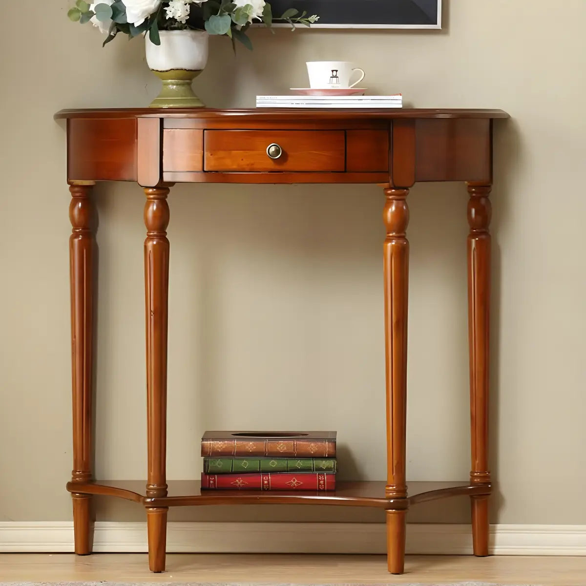 Half Moon Wood Cherry Console Entry Table with Drawers