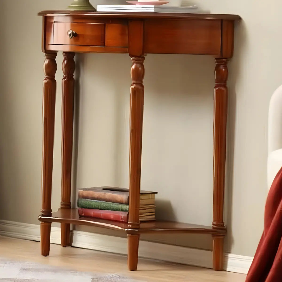 Half Moon Wood Cherry Console Entry Table with Drawers