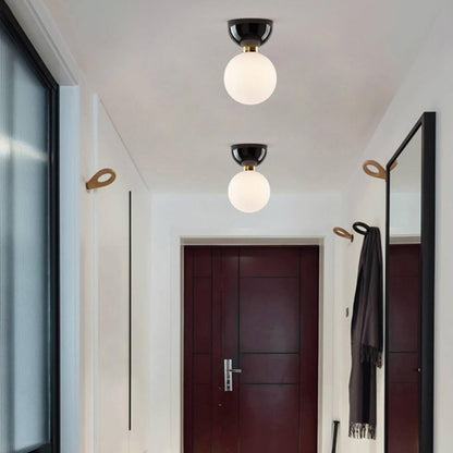 Hallway White Glass Globe Black Semi-Flush Mount Light