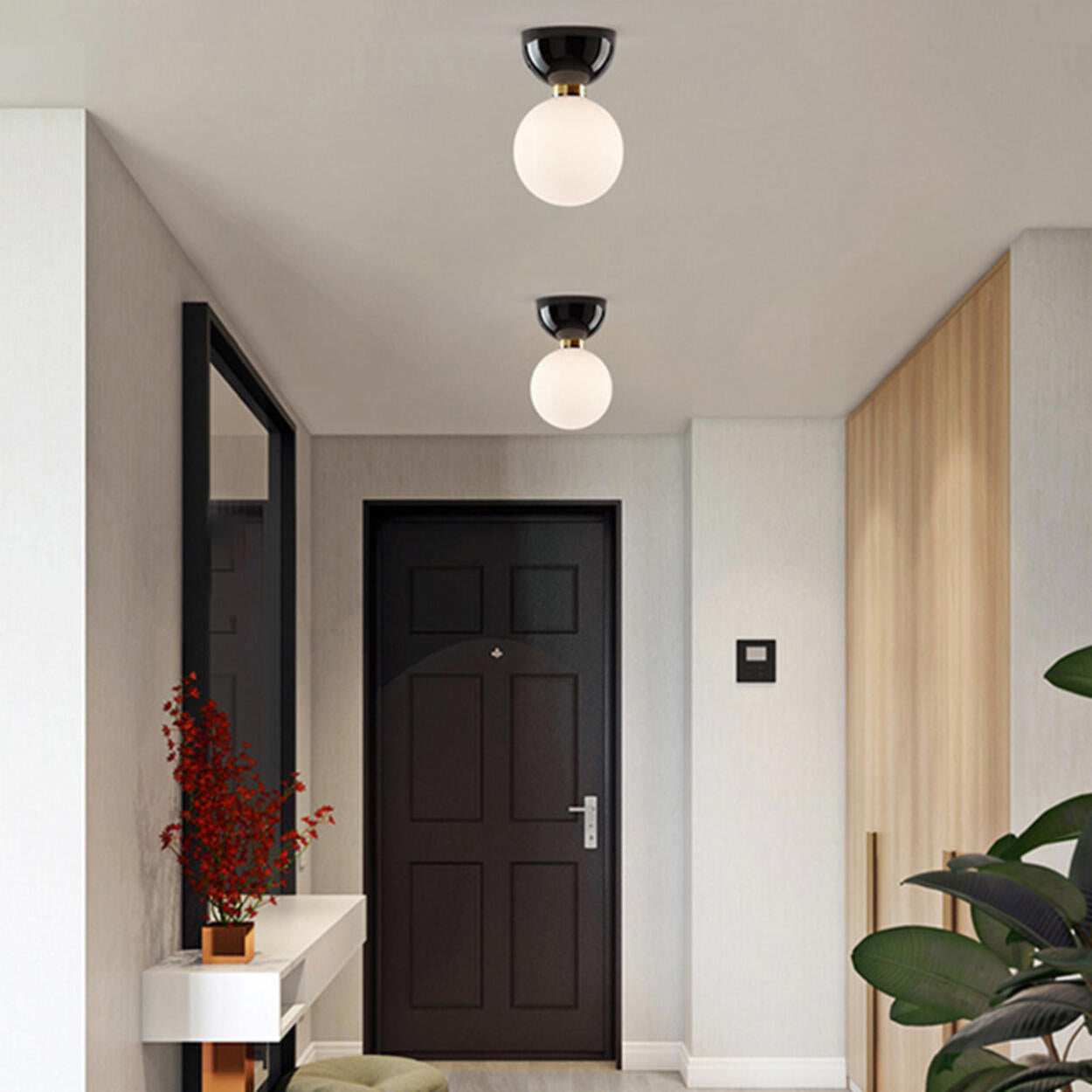 Hallway White Glass Globe Black Semi-Flush Mount Light