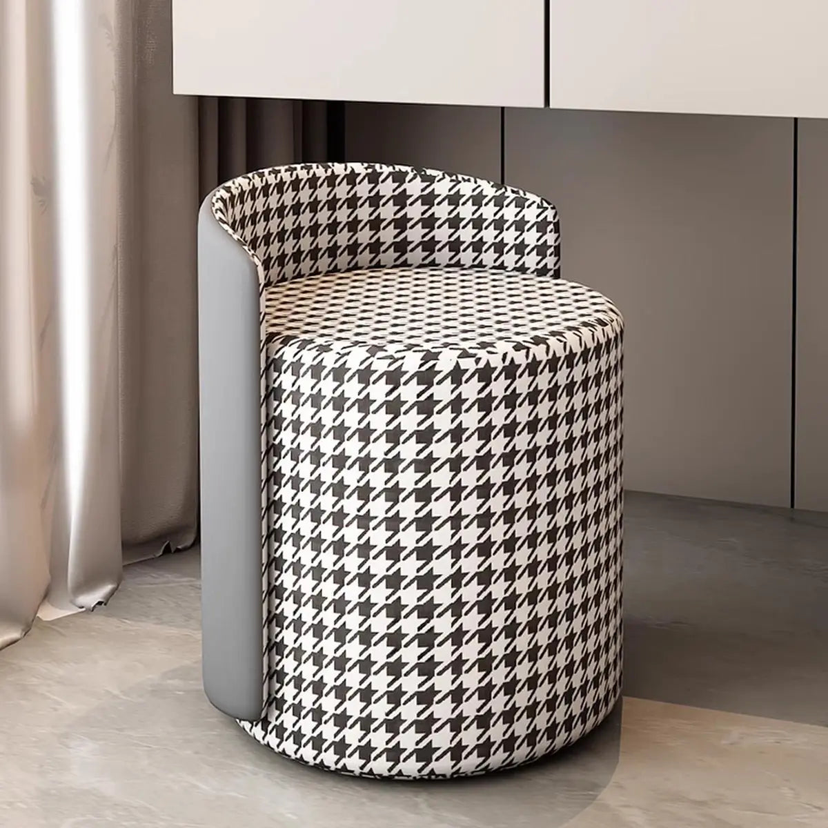 Houndstooth Cylinder Upholstered Accent Vanity Stool