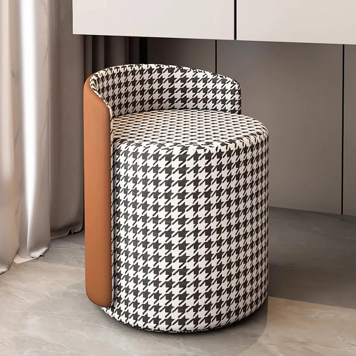 Houndstooth Cylinder Upholstered Accent Vanity Stool