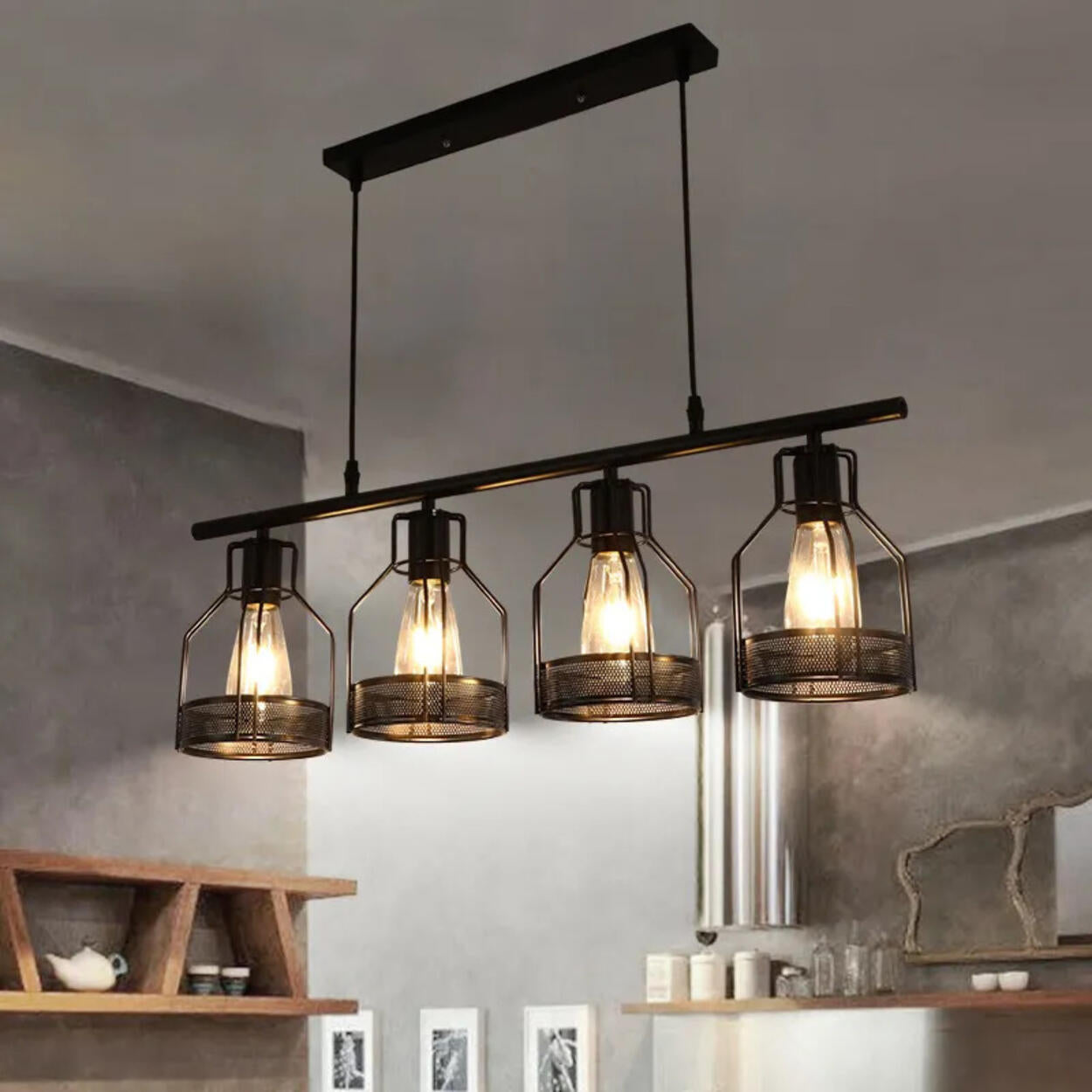 Industrial 4-Light Black Cage Island Pendant Light