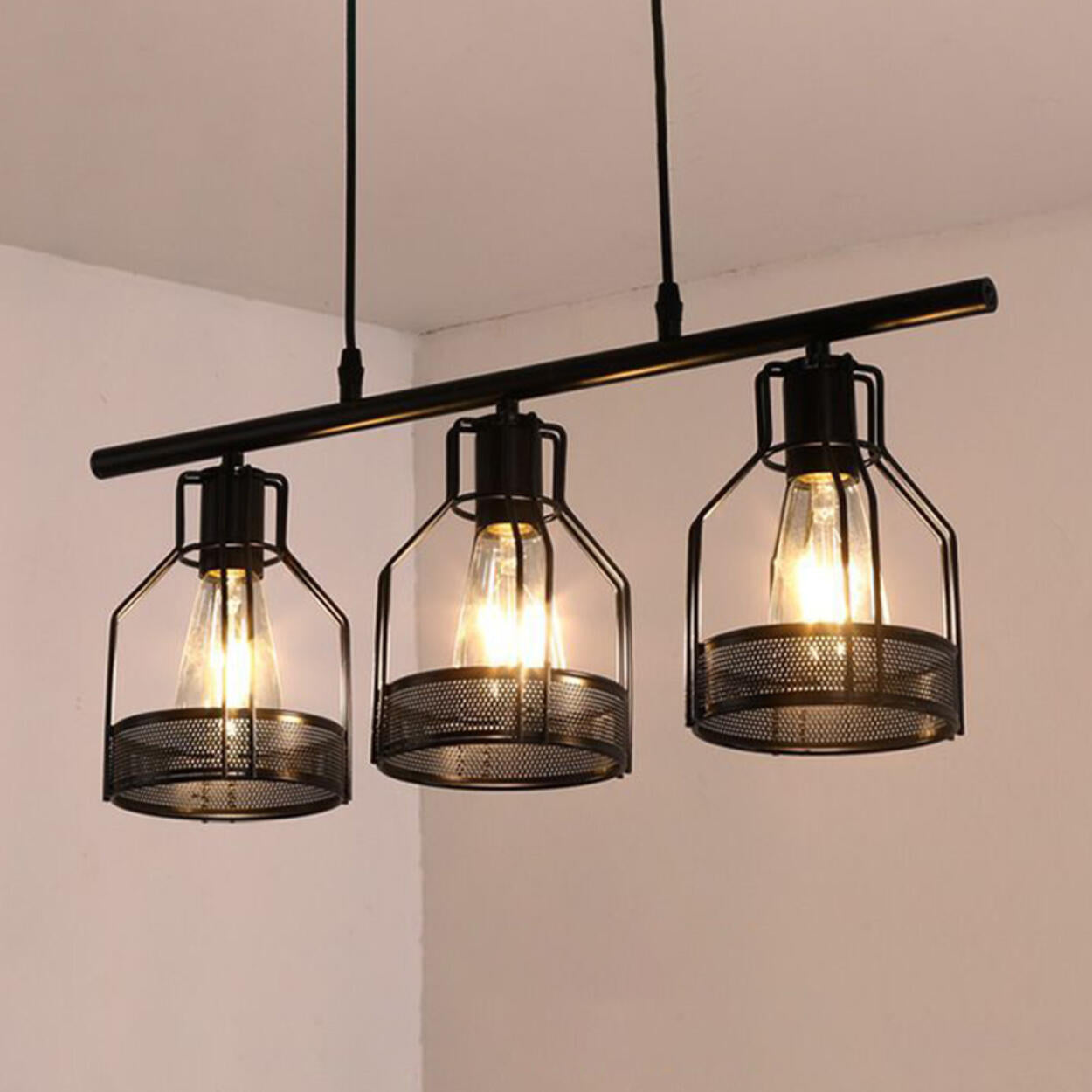 Industrial 4-Light Black Cage Island Pendant Light