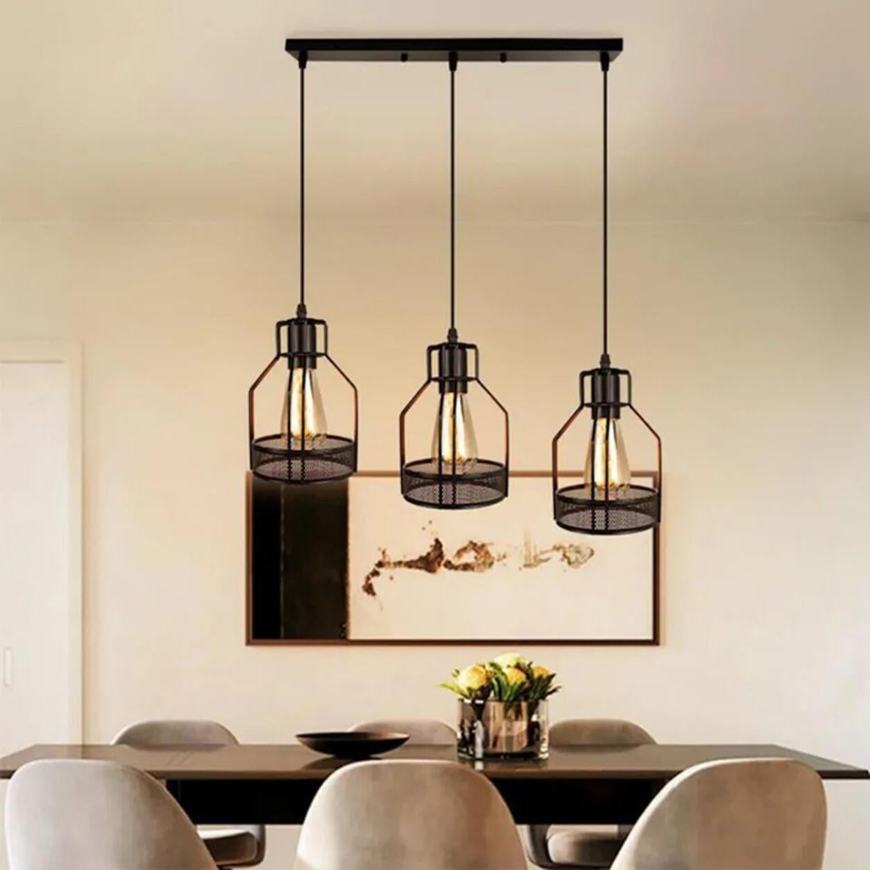 Industrial 4-Light Black Cage Island Pendant Light