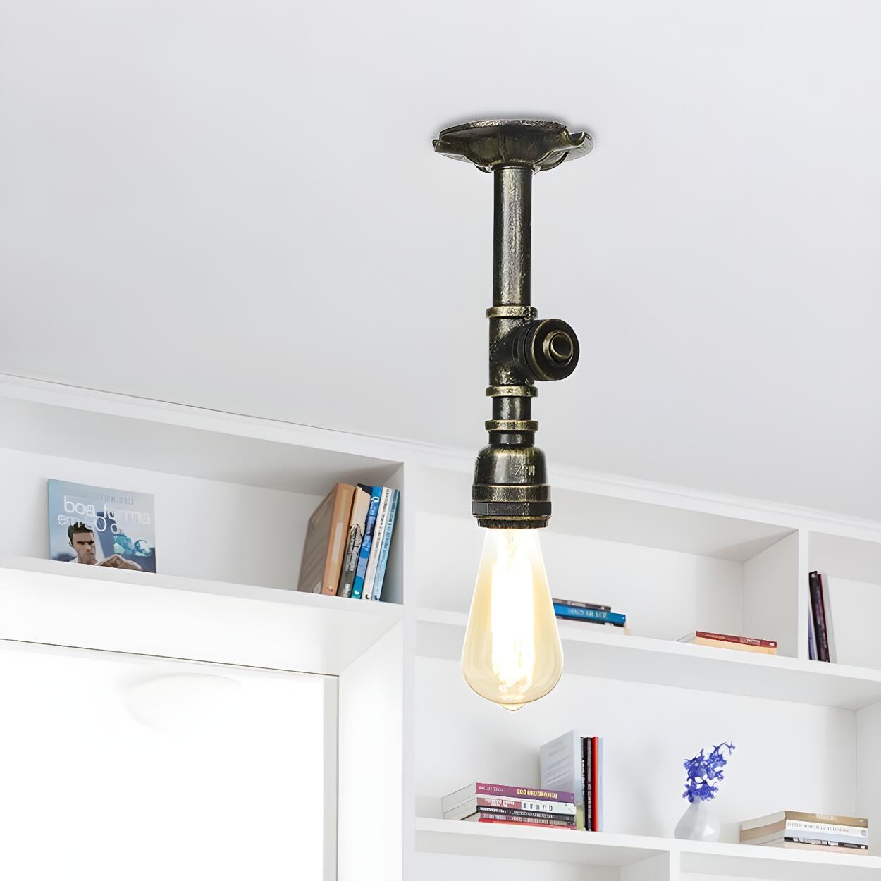 Industrial Bronze Water Pipe Semi-Flush Mount Light