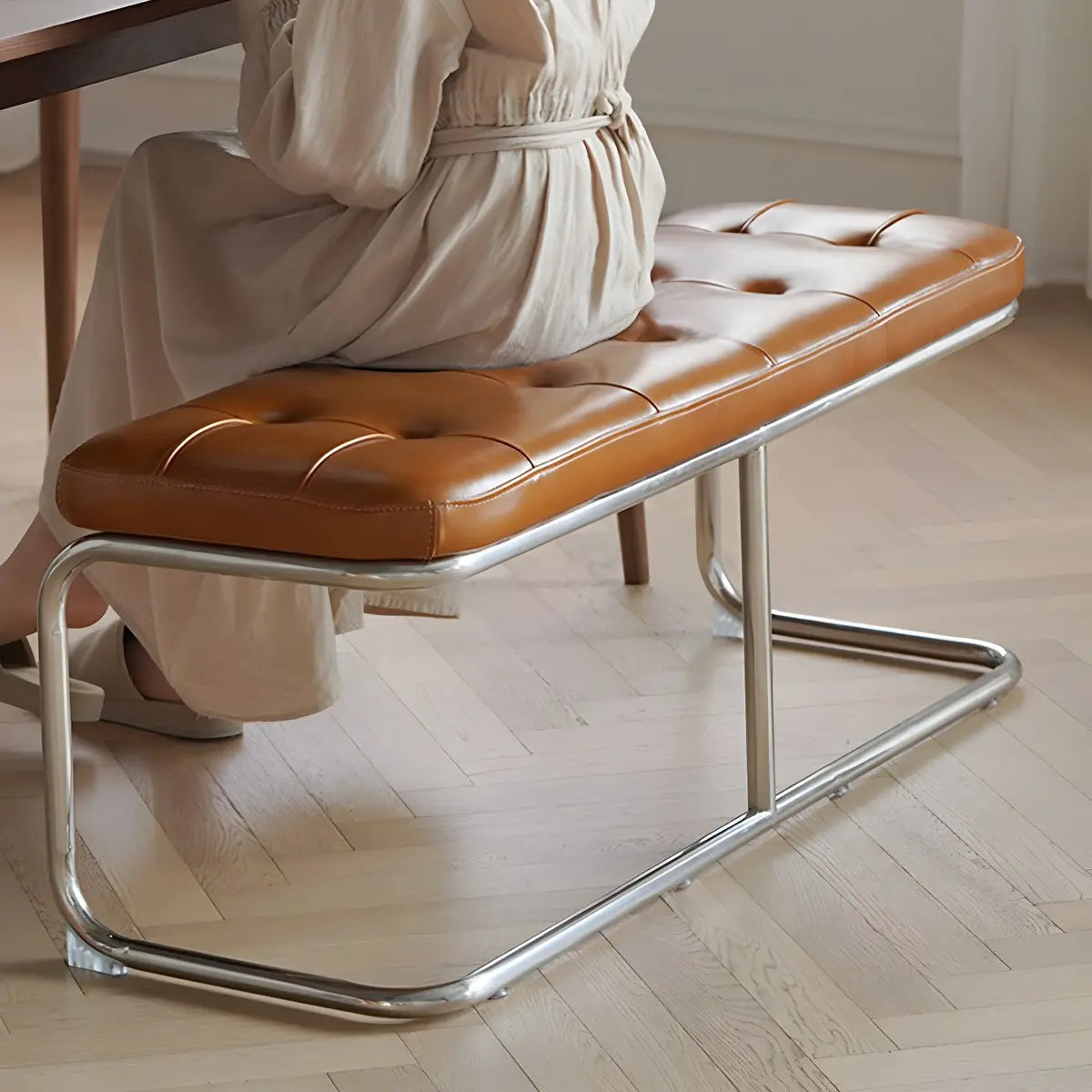 Industrial Brown Faux Leather Cushioned Entryway Bench