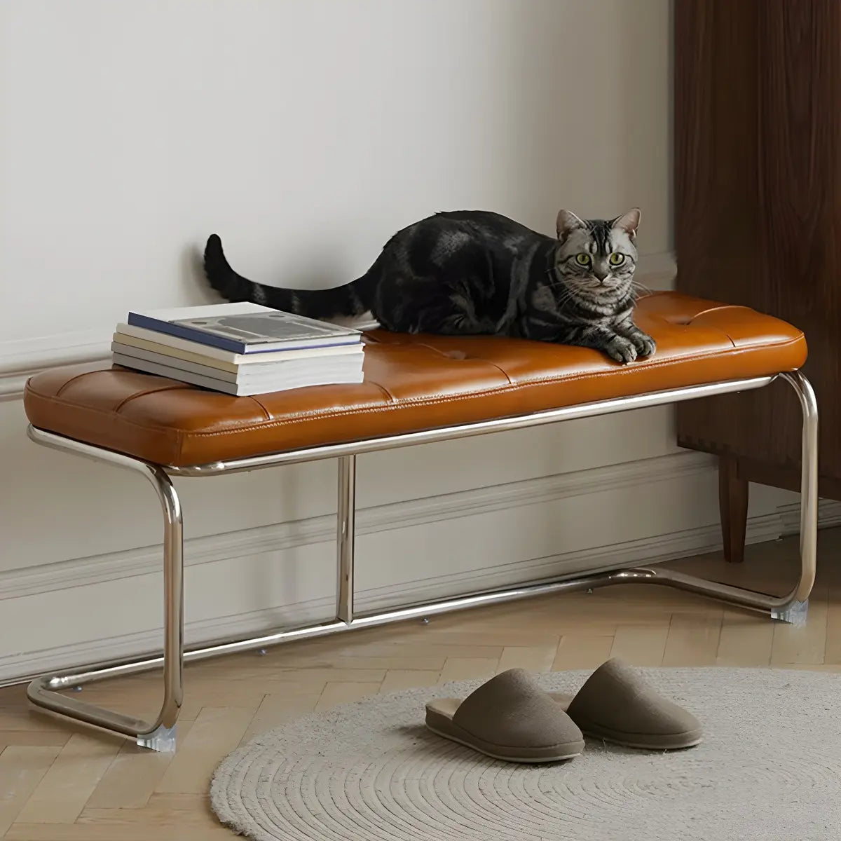 Industrial Brown Faux Leather Cushioned Entryway Bench