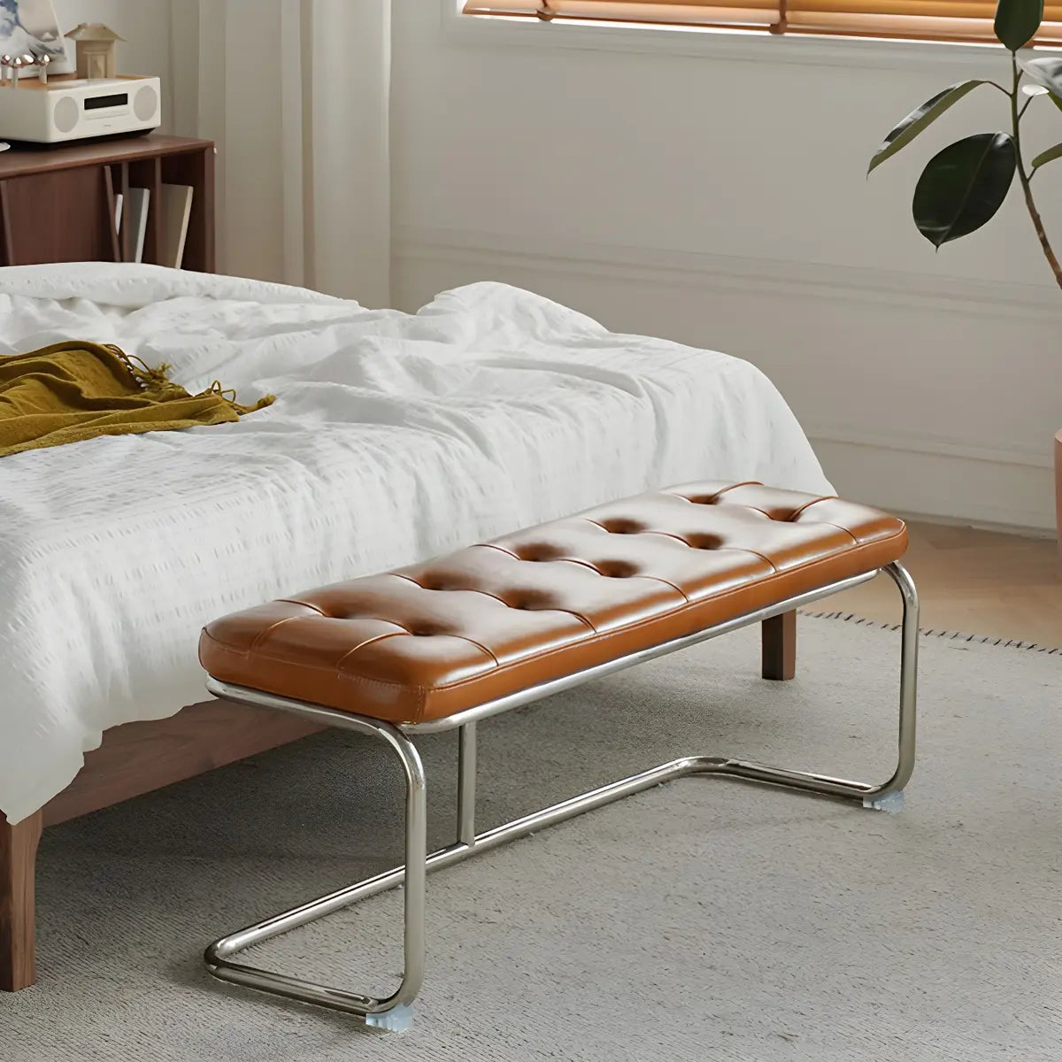 Industrial Brown Faux Leather Cushioned Entryway Bench