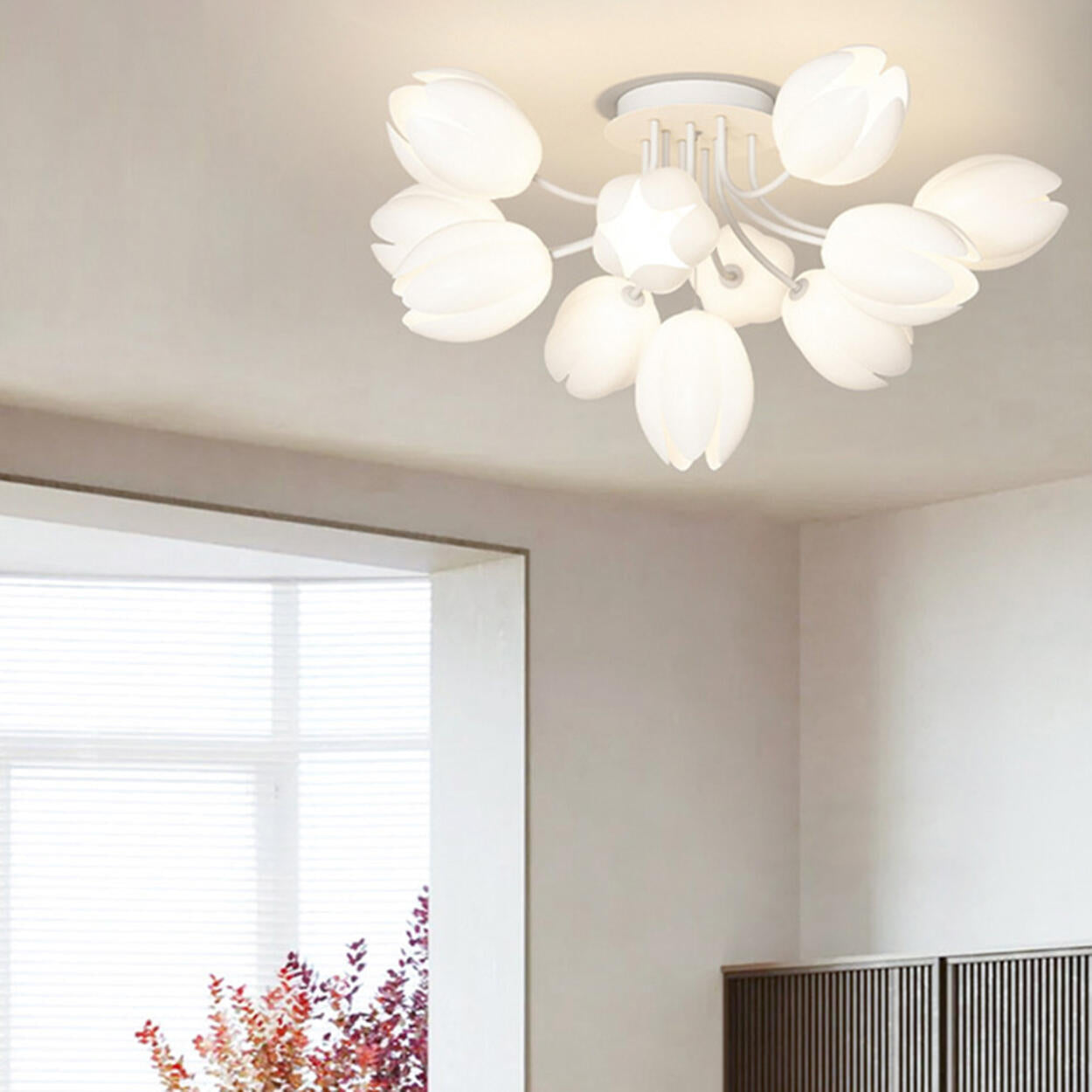 Living Room White Flower Semi-Flush Mount Lamp 13-Light