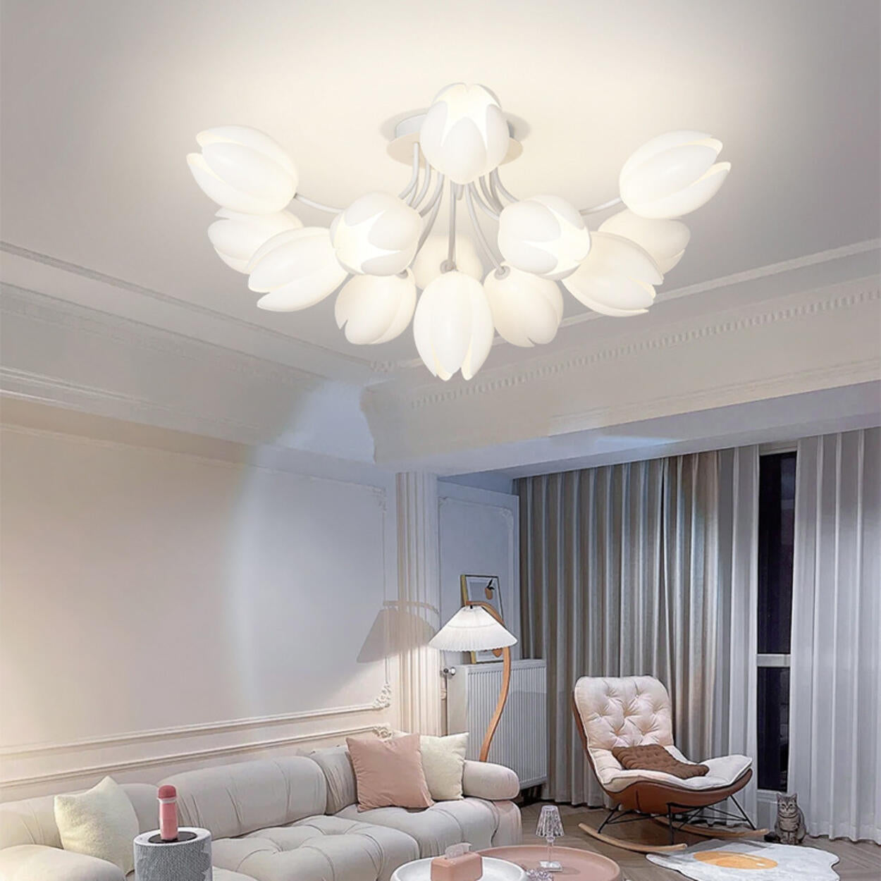 Living Room White Flower Semi-Flush Mount Lamp 13-Light