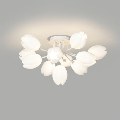 Living Room White Flower Semi-Flush Mount Lamp 13-Light