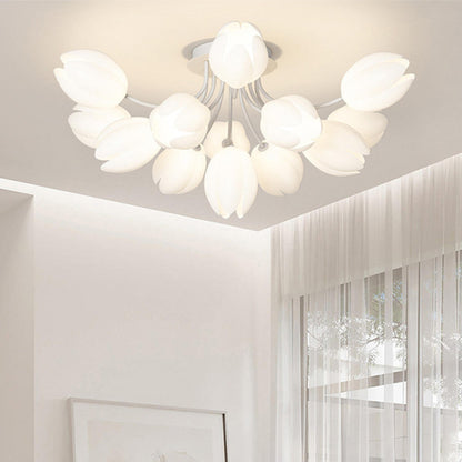 Living Room White Flower Semi-Flush Mount Lamp 13-Light